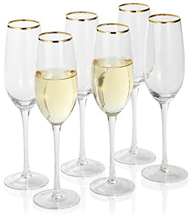 1500° C TABLETOP Gold Rim Champagne Flutes Set of 6, 8.0 oz. Crystal Clear Glasses with Long Stem for Champagne and Sparkling Wine, Gifts for Women, Use for Unniversary, Christmas, Valentine's Date.