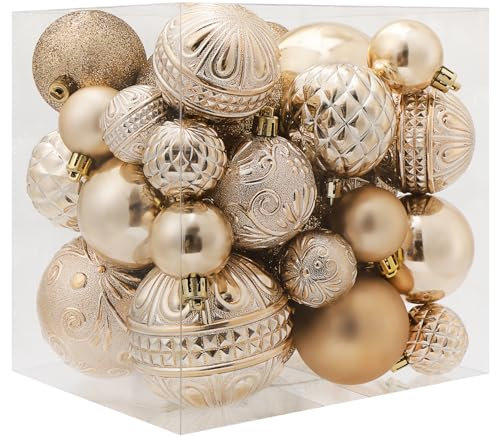 Palline di Natale con champagne, decorazioni per albero di Natale con corda per appenderla, set di 36 ornamenti natalizi infrangibili con 6 stili in 3 misure (S, M, L)