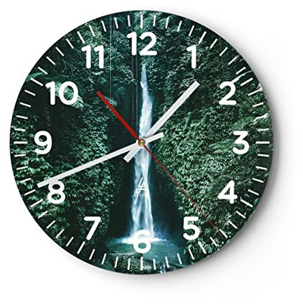 Modern Wanduhr Tropen Wasserfall Dschungel 30x30cm Rund Klein Wand Uhr Glas Analog Zimmeruhren Küche Büro Wohnzimmer Glasuhr Wall Clock Dekoration Design Wanddekoration Küchenuhr C4AR30x30-5103