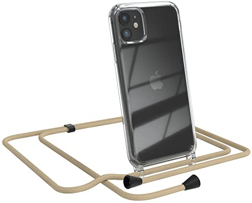 EAZY CASE Handykette kompatibel mit iPhone 11 Handyhülle mit Umhängeband, Handykordel mit Schutzhülle, Silikonhülle, Hülle mit Band, Stylische Kette für Smartphones, Taupe - Clips Schwarz
