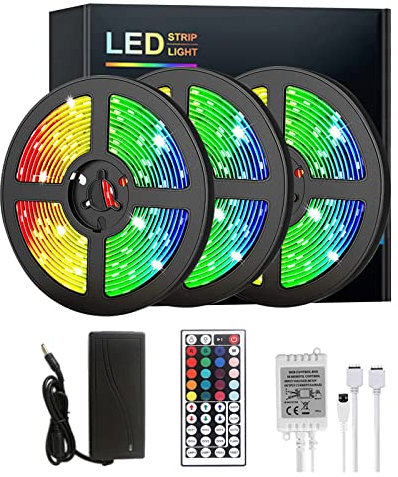 LED Strip RGB 5M Streifen Selbstklebend SMD 2835 mit Tasten IR-Fernbedienung und 100-240V-Adapter for Zuhause,TV-Hintergrundbeleuchtung,DIY-Dekor,DC12V ( Length : 15m , Remote Controller : 44 Keys )