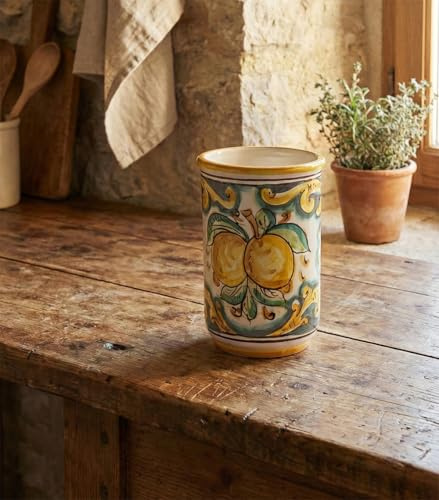 Portabicchieri piccolo in ceramica siciliana giallo e verde di santo stefano di camastra decorata a mano Limoni Art 18