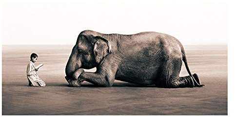 Rumlly Junge liest vor Elefanten Poster Große Leinwand-Gemälde Schwarz-Weiß-Wand-Kunstdrucke für Wohnzimmer-Dekoration 30 x 60 cm rahmenlos