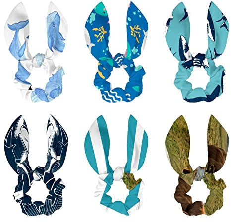 Lot de 6 chouchous doux pour cheveux avec nœud, oreilles de lapin, chouchou pour queue de cheval, accessoires pour femmes et filles, bleu ciel herbe et vache