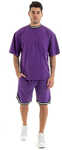 Outfit Uomo Completo Sportivo T-Shirt Bermuda Elastico Tinta Unita Bordi Rigati Vestibilità Regolare (L, Viola)