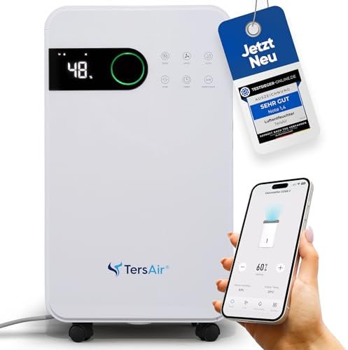 Premium Luftentfeuchter 12L/24h, Luftreiniger Ionisator, Wäschetrockner 3 in 1. Entfeuchter Luftentfeuchter Elektrisch, Luftentfeuchter Keller, Entfeuchter Wohnung - TersAir O₂