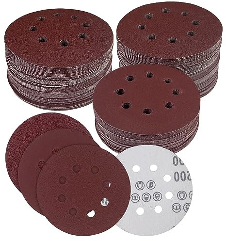 Fousenuk 80 pezzi Dischi Abrasivi ø 125mm, 8 Fori Carta Vetrata, Carta Vetrata Levigatrice, 40/60/80/120/180/240/320/400 Grit Applica Ideale per Levigatura/Lucidatura/Spolveratura