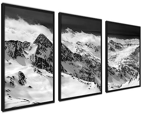 ag.art deco Natur Poster 30x40 | 3x Bilder mit Rahmen Schwarz | A3 Berg Poster Set für Wand Deko Wohnzimmer | Winter Kunstdruck mit Motiven von Schwarz-Weiße Berglandschaft