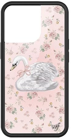 Wildflower Schutzhülle – Sweet Swan Hülle, kompatibel mit Apple iPhone 13 Pro, Rosa, Weiß, Schwan, trendy, kokett, floral, schützender schwarzer Stoßfänger, 1,2 m Falltest-zertifiziert, kleines