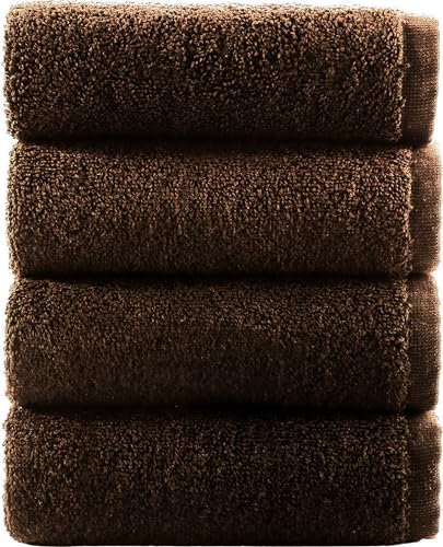 Lot de 4 gants de toilette de luxe en flanelle de coton égyptien de qualité supérieure pour salle de sport, spa (marron chocolat, coton)