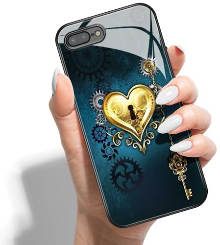 Printed Phone Case for iPhone 8 Plus / 7 Plus 5.5 HD Glass PC Hard Back Cover with Shockproof Silicone Skin Butterfly Love Marble Pattern Design for Girls Boys -Golden Hearts