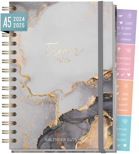 Häfft-Timer Fancy 2024/2025 A5 Grey Marble Schulplaner, Schülerkalender, Schülerplaner, Studienplaner mit Spiralbindung für Oberstufe, Ausbildung, Studium - nachhaltig & klimafreundlich
