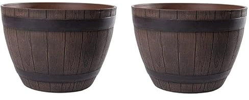 Jinfa 2er-Set Pflanzkübel aus Kunststoff in Weinfass Optik Dunkelbraun bottich Miniteich | Farbe: Kastanie | Design: Weinfass | Ø 38 cm