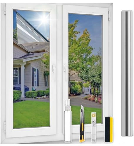 ConCus-T One Way Window Film Heat Control With Kit, Silver, 44.5x200cm | UV Window Tint Privacy Reflective Sun Blocker Static Cling Mirror Film Solar Film for Home Office