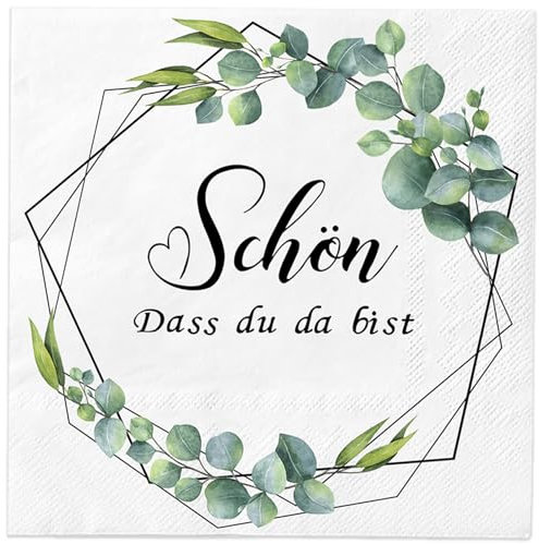 40 Stück Servietten Schön Dass Du Da Bist Eukalyptus Grün Weiß, 3-Lagige Servietten Kommunion Konfirmation Tischdeko Hochzeit Taufe Geburtstag Hochzeit Taufe Feier Tischdeko Party Deko