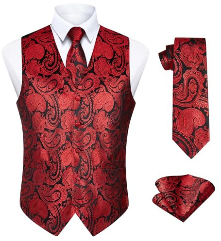 Enlision Homme Rouge Gilet et Cravate Ensemble Paisley Floral Jacquard Gilet pour Hommes & Cravate et Pochette pour Mariage Fête