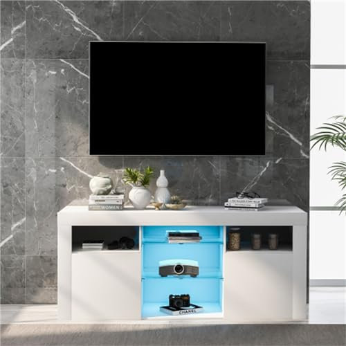Mueble Para Tv Led, Soporte De Entretenimiento Con Gabinetes De 2 Puertas Y 5 Estantes Abiertos, Iluminación Led De 16 Colores, Adecuado Para Televisores De Hasta 55 Pulgadas, Acabado Blanco Brillante