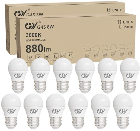 GY E27 LED Ultrahelle Energiespar Glühbirne, 8W Glühbirne E27, Ersetzt 80W Halogenlampe, G45/P45 LED Birne 880LM, 3000K Led Warmweiss, 280° Abstrahlwinkel Energiesparlampe, Nicht Dimmbar, 12 Stück
