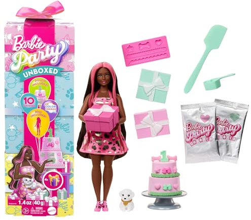 Barbie Party Unboxed Serie Cumpleaños de mascotas Corazones brillantes Muñeca y accesorios, conjunto con 10 sorpresas, como cambio de color y función de decoración de pasteles, JFG71