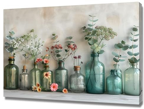 AMXBZC Quadri moderni, Piccoli fiori in bottiglia di vetro Tela Decorativa Per Soggiorno o Stanza da letto,Stile Paesaggio Alberi quattro stagioni dell’Anno-40x60cm Incorniciato (Multi 46)