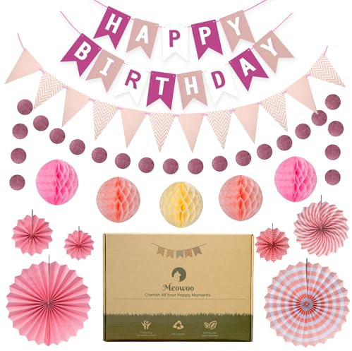 Meowoo Geburtstagsdeko, Rosa Geburtstag Party Deko - Happy Birthday Girlande, Wimpelkette, Wabenblumen, Papierfächer - Wiederverwendbare Deko Geburtstag für Männer und Frauen