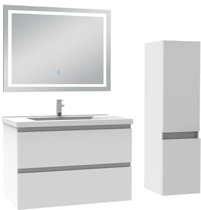 AICA Ensemble Meuble Salle de Bain 80cm Simple Vasque avec Colonne et Miroir 3 Couleurs Blanc