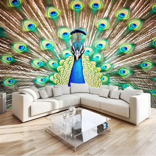 Fototapete Tiere Pfauenfedern Vlies Tapeten 300x210 cm 3D Effekt Moderne Wandtapete Wohnzimmer Schlafzimmer Wandbilder Wand