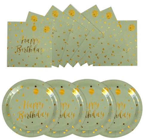 EVYIENEN Set de Platos y Servilletas de Papel Happy Birthday Verde Salvia - 25 x 17,8 cm y 25 x 16,5 cm - Desechables para Fiestas de Cumpleaños