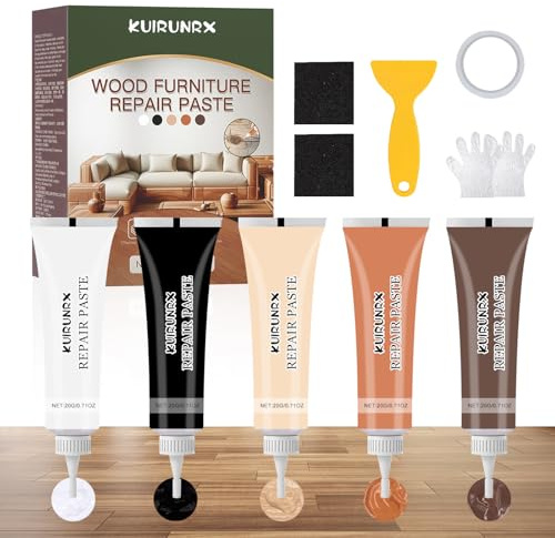 KUIRUNRX® Laminat Holz Parkett Reparaturset, 5 Farben Hartwachs für Holzkitt Laminat Reparatur, Reparatur von Kratzer, Risse, Löcher, Verfärbungen für Holzböden, Tisch, Treppen, Tür, Schrank uvm