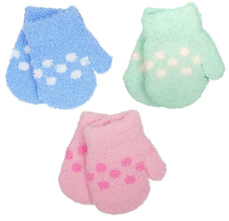 A2Z 4 Kids Baby Mittens 3 Pack Soft Knitted Winter Gloves | Star Stripe Spot Pattern Stretchy Full Finger Warmwear One Size