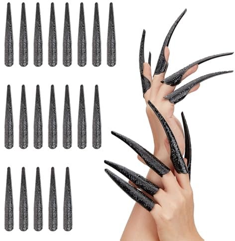 NICENEEDED 20 Pcs Long Finger Claws Fake Nail Rings, Black Fingernail Rings Claw, Fingertip Extension Halloween Vampire Nails for Cosplay Dance Show