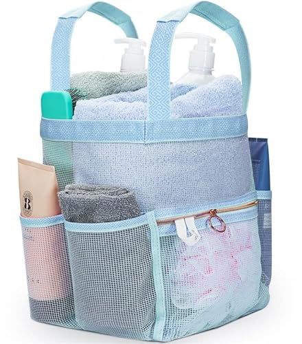 DV Lifestyle Mesh Shower Caddy Dorm, 7 Pockets & 1 with Zipper, Bathroom Tote with Padded Handles, Portable Travel Bath Bag, College Room Essentials (Blue)
