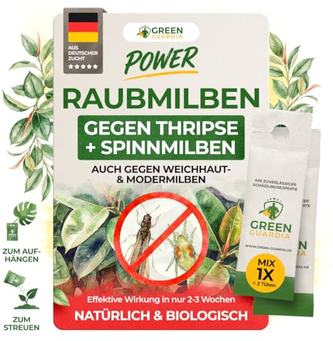 GREEN GUARDIA Raubmilben Mix gegen Thripse & Spinnmilben | 1x Mix mit 2x Tüten – biologische Nützlinge zur Schädlingsregulierung für Zimmer-, Balkon-, Gewächshaus- & Gartenpflanzen.