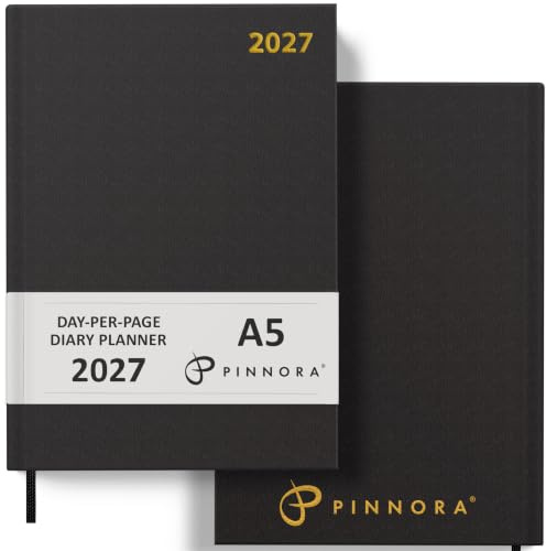 Pinnora Diary 2026 A5 Day Per Page, Black Year Planner Organiser 2026 Day Per Page, 2026 Planner, Home, School & Office, Hard Back 2026 Diaries, A5 & A4 2026 Diary in Day Per Page & Week To View