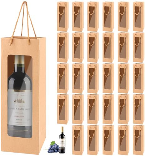 AKOLAFE 30 Stück Flaschen Geschenktüten Kraftpapier Flaschentüten Verpackung Weintüte mit Henkel Weintaschen Weinflaschen Tüten für Weihnachten, Hochzeit, Fest, Geburtstag (Braun)