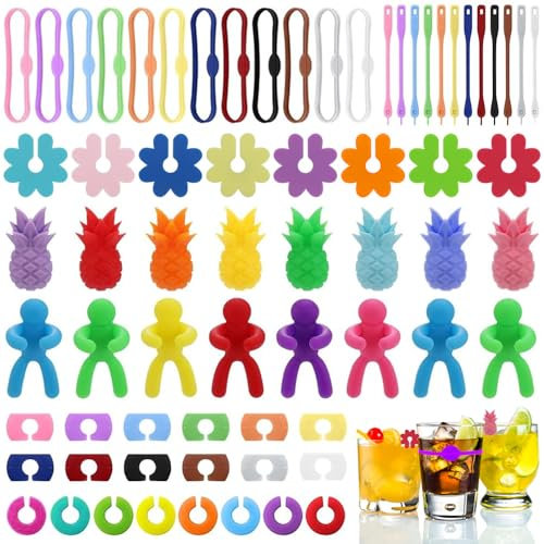Megcdtr Glasmarkierer, 66 Stück Glas Markierung, Silikon Gläser Markieren für Weinglas, Tassen, Trinkglas, Cocktailglas, Martini-Glas (Buntes)
