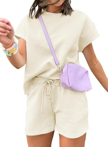 Veriliss 2 Stück Sportanzüge Loungewear Set Für Damen Kurzarm T Shirt Und Short Mit Kordelzug(Aprikose,M)