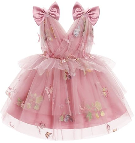 IMEKIS Robe d'anniversaire pour bébé fille - Motif papillon - Sans manches - Col en V - Tulle - Tutu - Princesse - Arc-en-ciel - Volants - Robe de mariage - Robe de fête, Vieux rose fleur, 18-24 mois