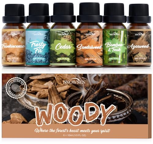 SNOWSEN Essential Oil Woody Set, Sandalwood, Frankincense, Cedar, Agarwood, Frosty Fir, Bamboo & Teak, Premium Essential Oils for Diffuser, Candle Making, Freshie Scents, Soap Making
