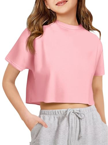 Haloumoning Mädchen T-Shirts Kurzarm Sommer Sport Tops Kinder Oversized Rundhals Einfarbig Shirts Oberteil,12-14 Jahre, Rosa