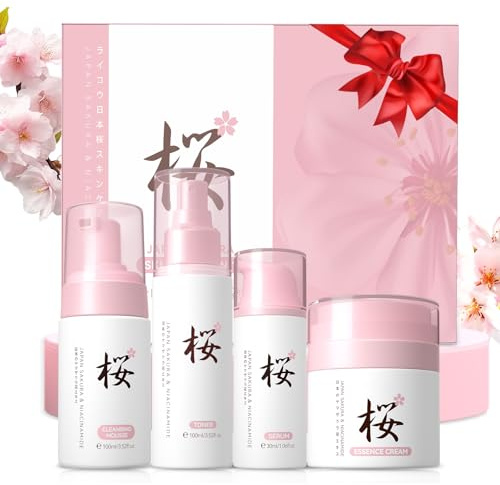 Sakura Hautpflege Set für Teenager, 4 Stück Gesichtspflege Feuchtigkeit | mit Gesichtsreinigung, Toner, Serum, Gesichtscreme, für Gesichts,Tagespflege und Nachtpflege Skincare Set