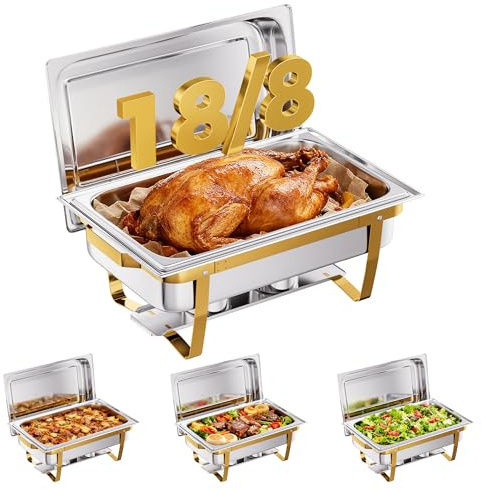 CAMMOO Gold 4 Stück Chafing Dishes für Buffet, 18/8 (304) Edelstahl Lebensmittelpfanne mit Deckel, 9QT stapelbare Chafing Dish Buffet Set Speisenwärmer Speisenwärmer für Partys Buffet Catering Events