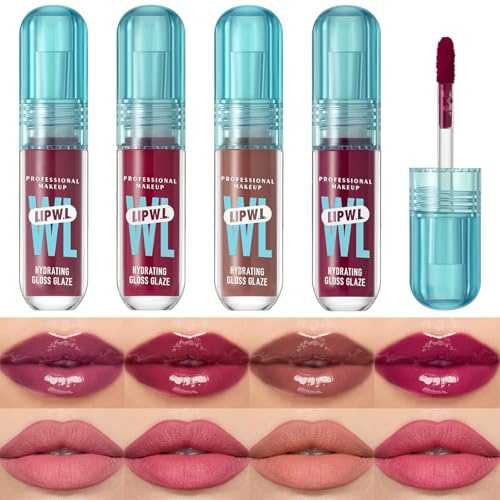 4 Farben Lipgloss, Feuchtigkeitsspendender Lip Stain, Mit Spiegelglanz-Finish, Nicht Abfärbend, Natürliche Nude-Farbe Lip Tint Lippenpflege für Voller Wirkende Lippen