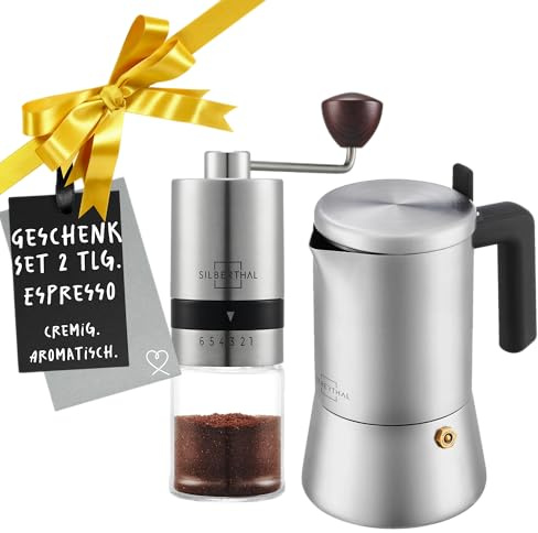 SILBERTHAL Set moka 300ml e macinacaffe manuale - Induzione e gas - Inox | Acciaio inox - Goditi il caffè a casa - Macinato al momento - Macinatura regolabile - Freschezza aromatica e design