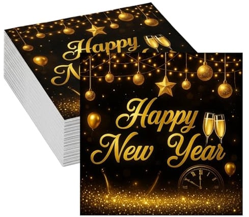Silvester Servietten 2026, 60 Stück Schwarz Gold Servietten, 33x33cm Neujahr Party Supplies, Happy New Year Silvester Tischdeko für Festliche Anlässe