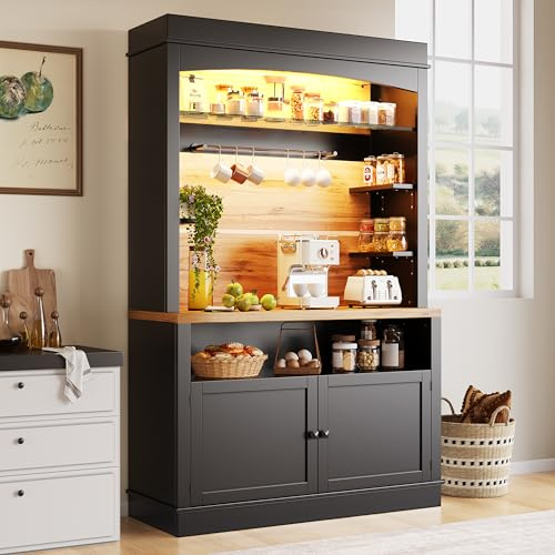 Ligterra 107x43x184 cm Küchenschrank mit Arbeitsplatten und Offenes Regal, Hoher Küchenschrank mit LED-Beleuchtung, Buffetschrank, Vitrinenschrank, Anrichte, Aufbewahrungsschrank(Schwarz)