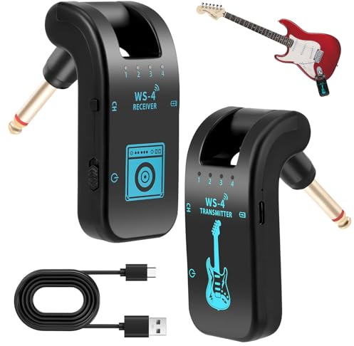 Kabelloses Gitarrensystem, 2,4GHz Kabelloses Gitarrensystem mit 8 Kanälen Wiederaufladbarer Audio Drahtlos Sender Empfänger für Gitarre Bass Elektrische Instrumente, 48K/16bit, Black