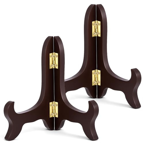 2 Pack Wooden Plate Stand for Display, Wooden Plate Stand, Decorative Picture Holder for Displaying Brown Easels Plates Holders to Display Pictures Sign, Cookbook, Now Playing Vinyl Record (5 Inch)
