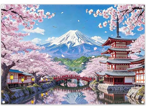 Luminora 2,1x1,5m Toile de Fond Printemps Sakura Japonais Photographie | Cerisiers en fleurs et montagne enneigée en Polyester Déco de Fête bannière Tapisserie murale Accessoires de Studio