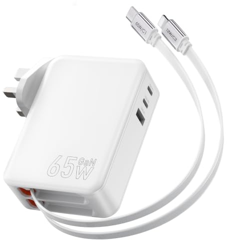 5 in 1 Retractable Phone Charger 65W USB C Charger 3 Port PD Power Adapter | GaN Fast Retractable Wall Charger Plug with 3.94 ft Apple&Type-C Cables for iPhone/Galaxy/MacBook Pro/Laptops/iPad/Pixel
